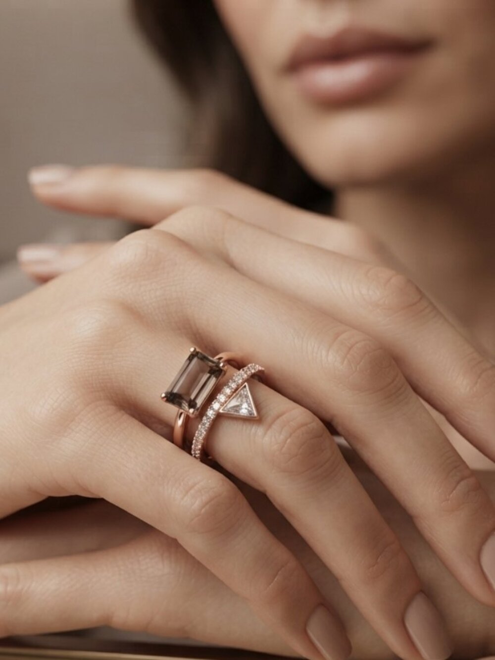 French Connection 3 Piece Rose Gold Crystal Ring Set Size 7